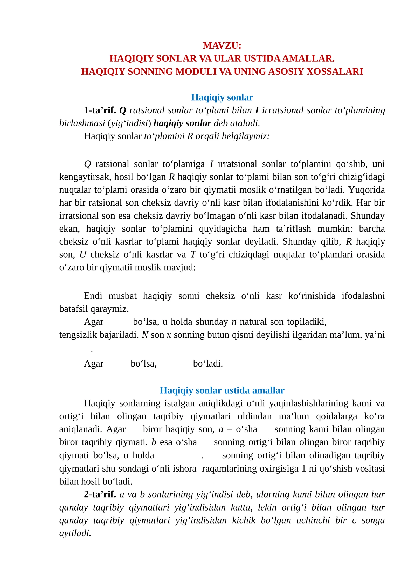HAQIQIY SONLAR VA ULAR USTIDA AMALLAR. HAQIQIY SONNING MODULI VA UNING ASOSIY XOSSALARI