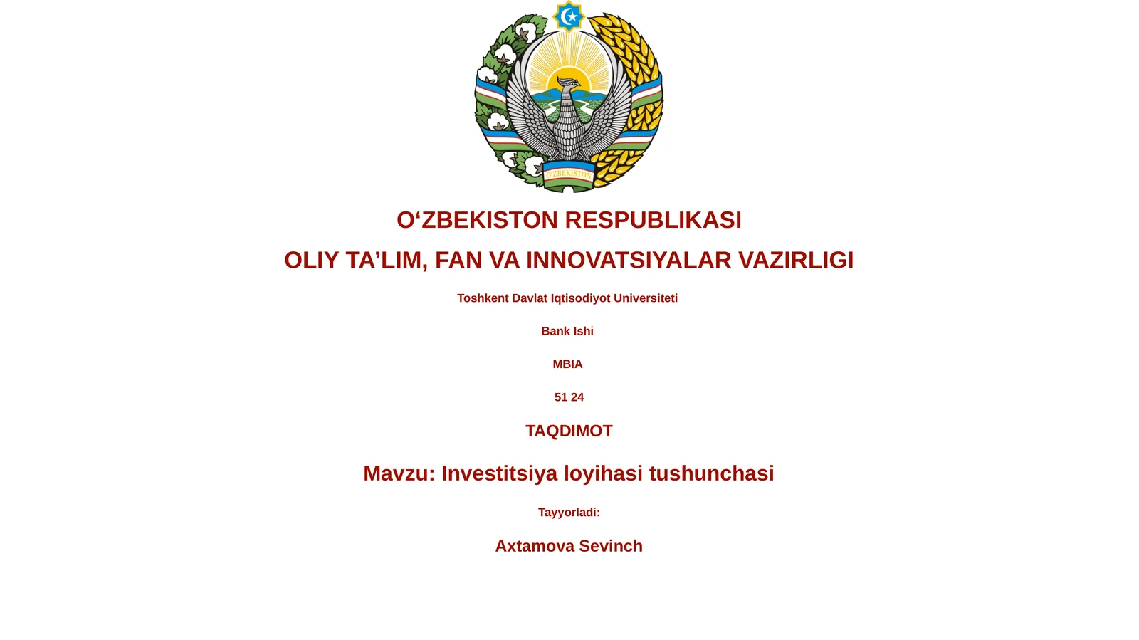 Investitsiya loyihasi tushunchasi