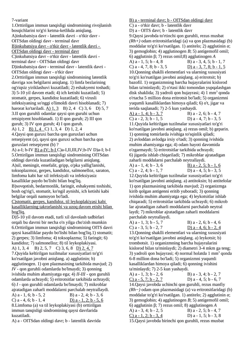 biologiya darsligidan qon mavzusida test javobli