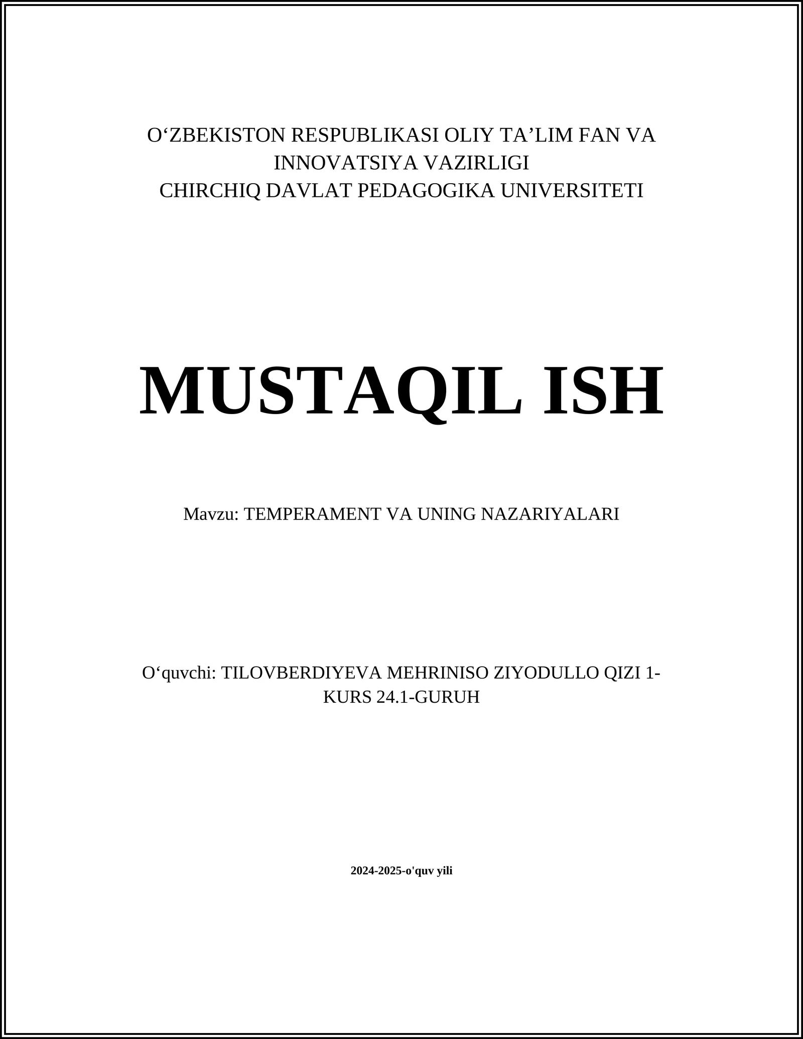 TEMPERAMENT VA UNING NAZARIYALARI