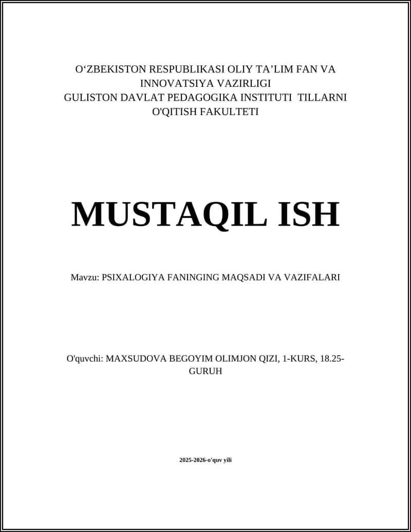 Psixologiya Fanining Maqsadi va Vazifalari