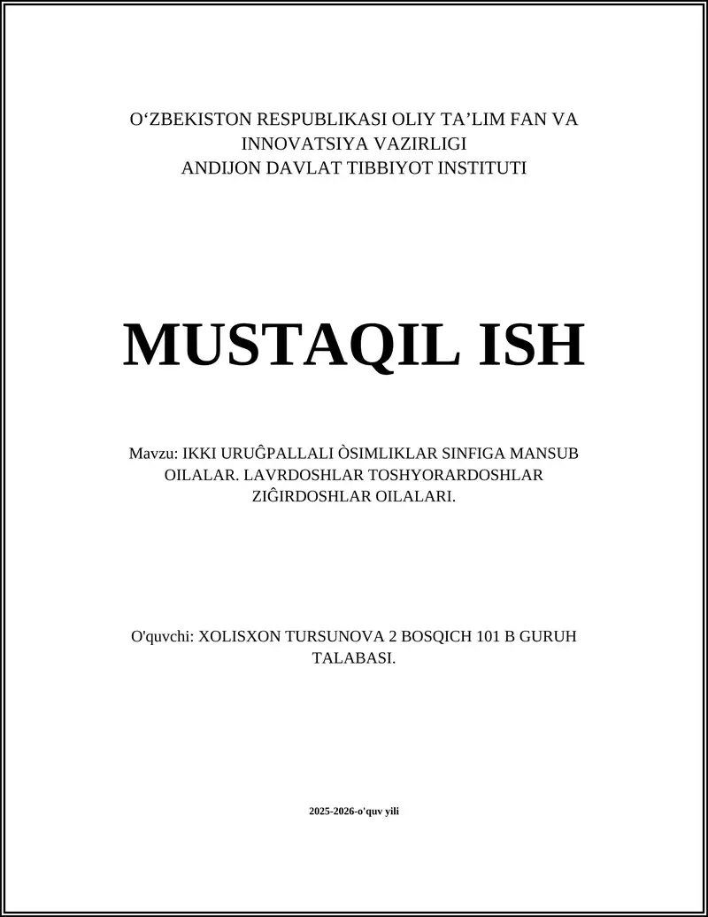 IKKI URUĜPALLALI ÒSIMLIKLAR SINFIGA MANSUB OILALAR