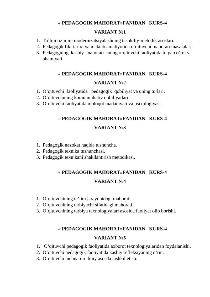 PEDAGOGIK MAHORAT»FANIDAN KURS-4