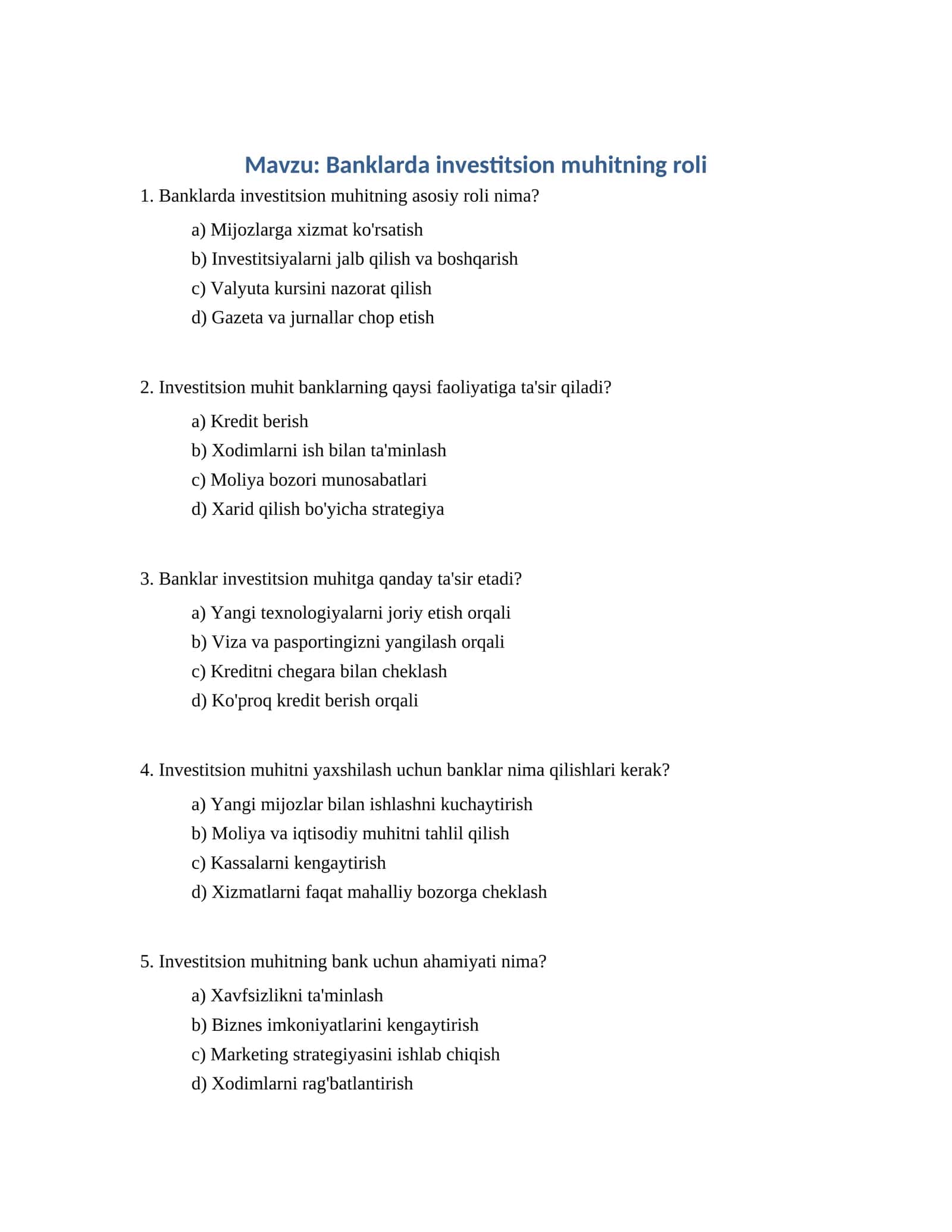 Banklarda investitsion muhitning roli