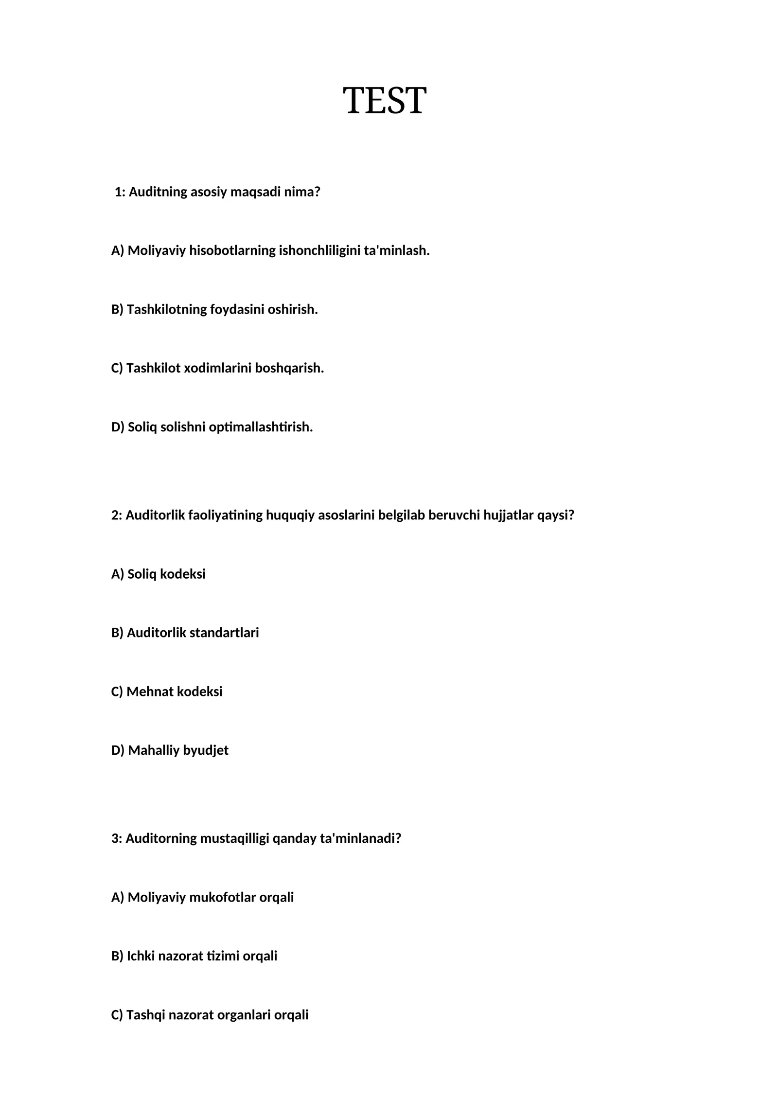 TEST Audit va audit faoliyati KRASVORD SAVOL VA JAVOBLARI