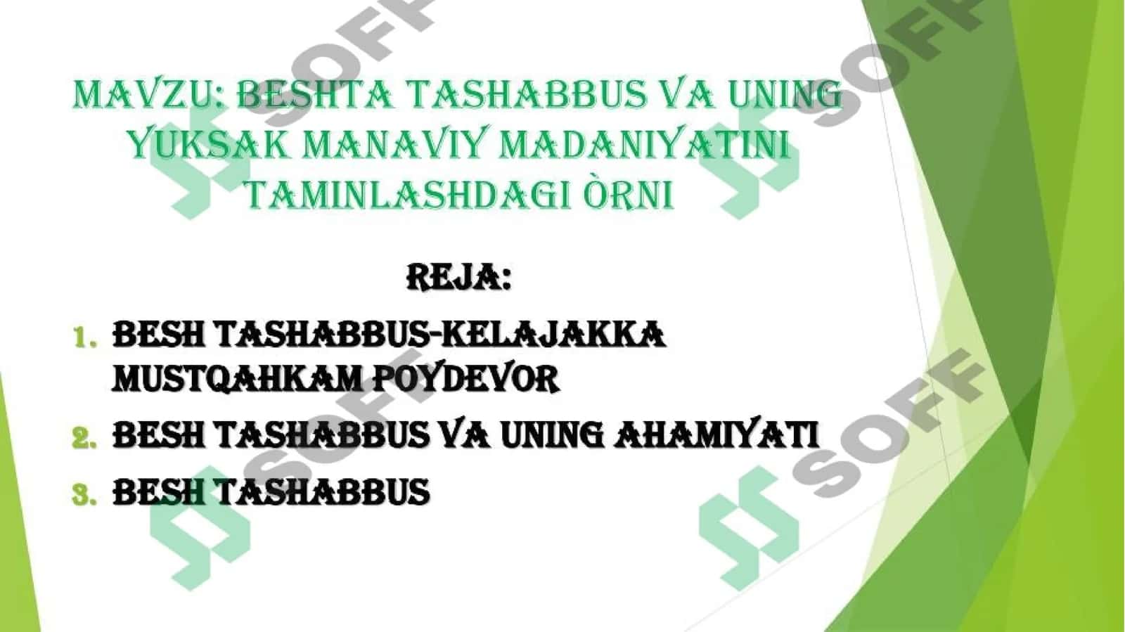 beshta tashabbus va uning yuksak manaviy