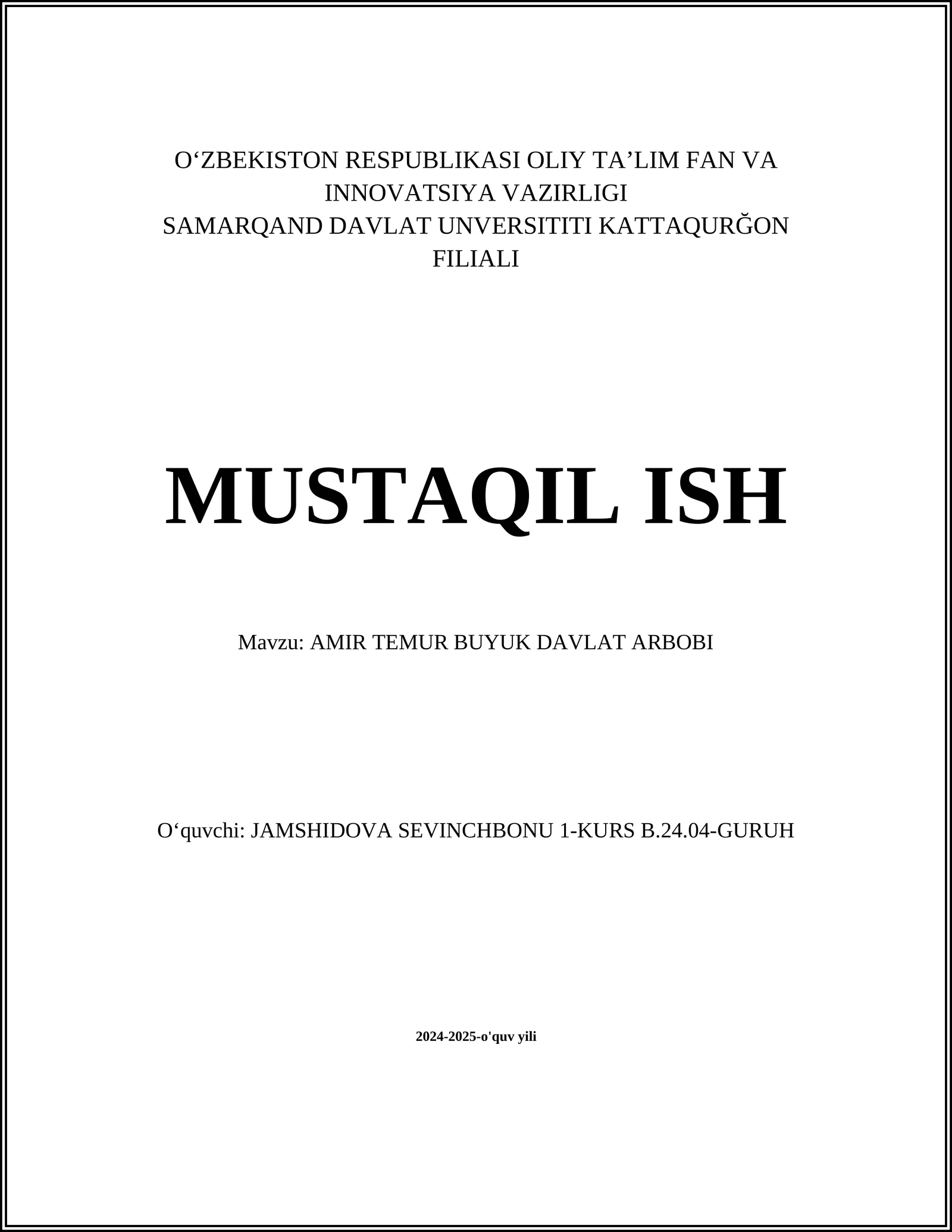 AMIR TEMUR BUYUK DAVLAT ARBOBI