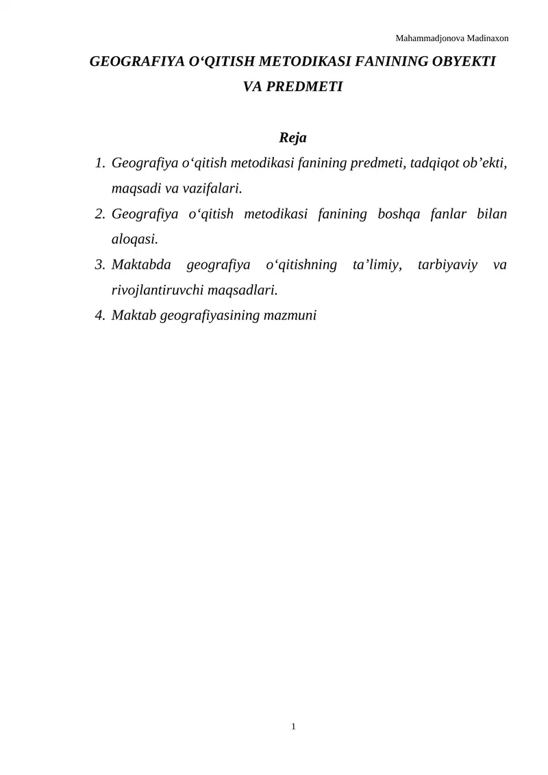 GEOGRAFIYA OʻQITISH METODIKASI FANINING OBYEKTI VA PREDMETI