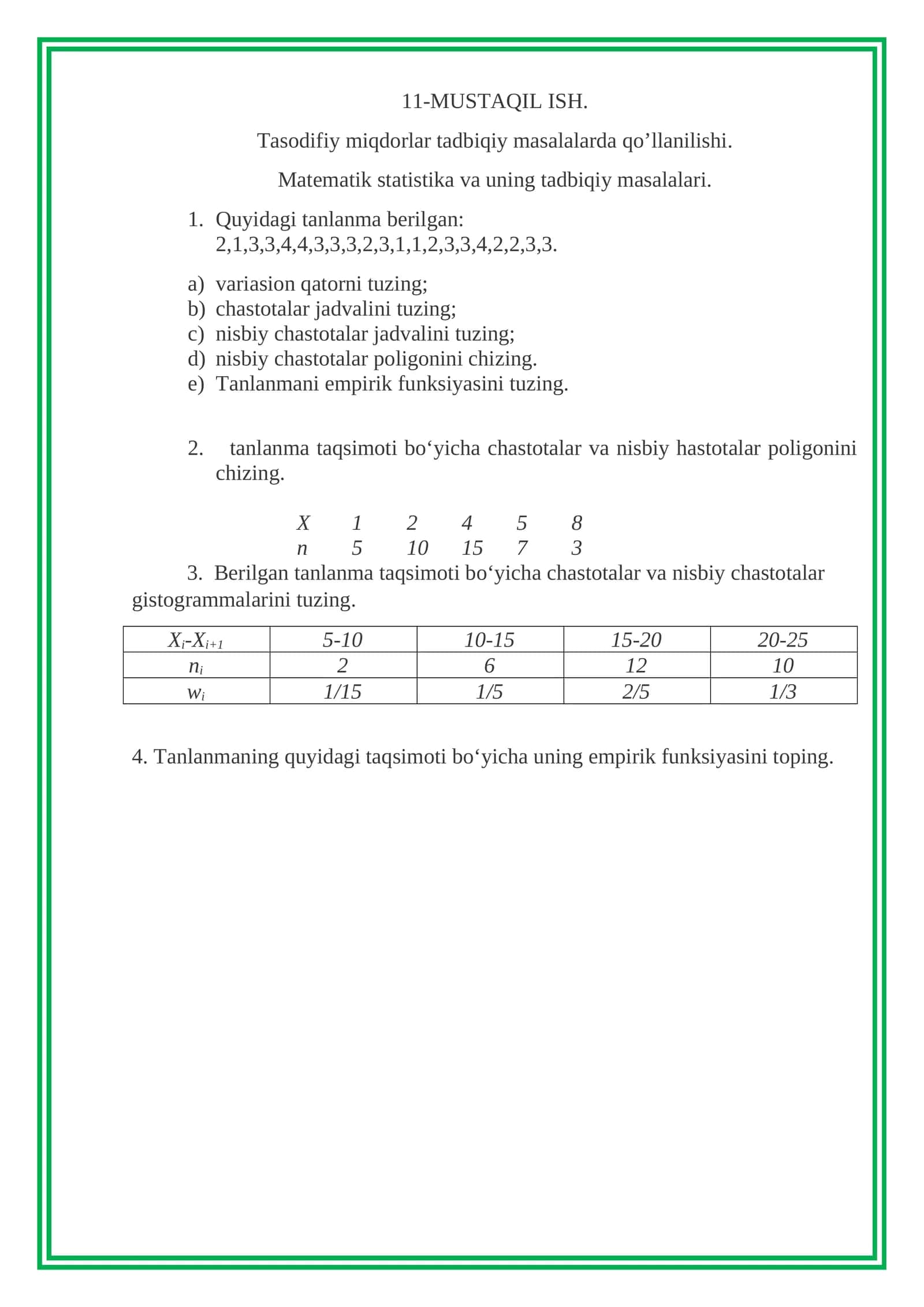 Tasodifiy miqdorlar tadbiqiy masalalarda qo’llanilishi