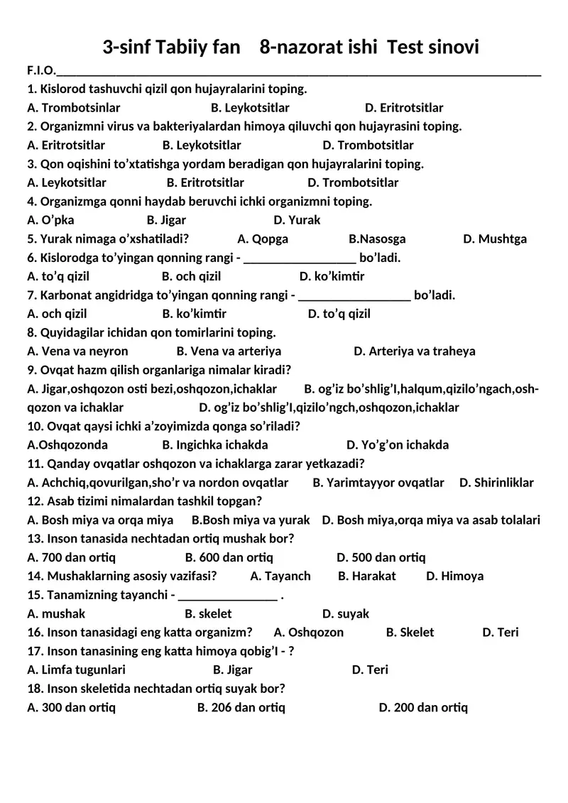 3-sinf Tabiiy fan 8-nazorat ishi Test sinovi F.I.O