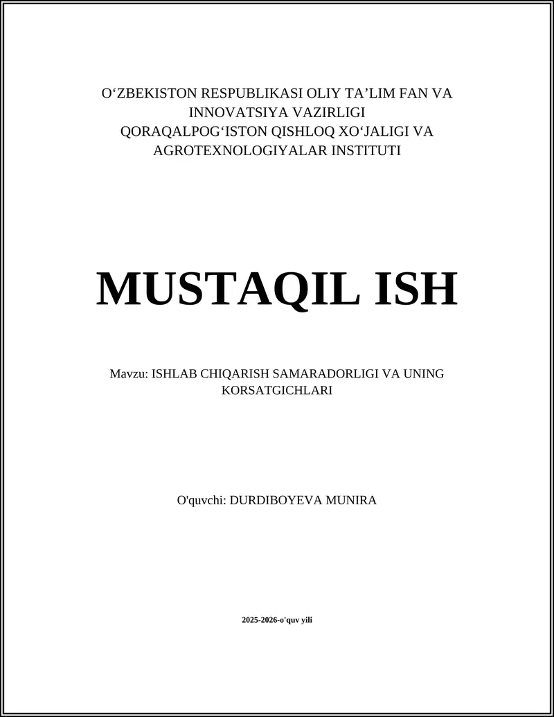 ISHLAB CHIQARISH SAMARADORLIGI VA UNING KORSATGICHLARI