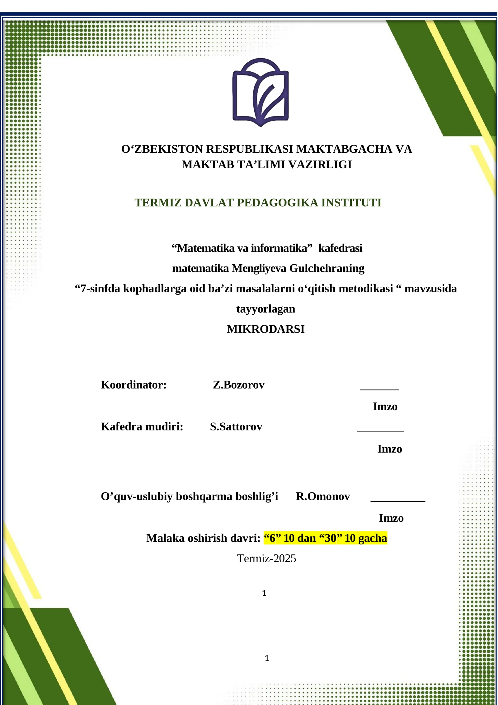Matematika va Informatika - 7-sinfda kophadlarga oid ba'zi masalalarni o'qitish metodikasi