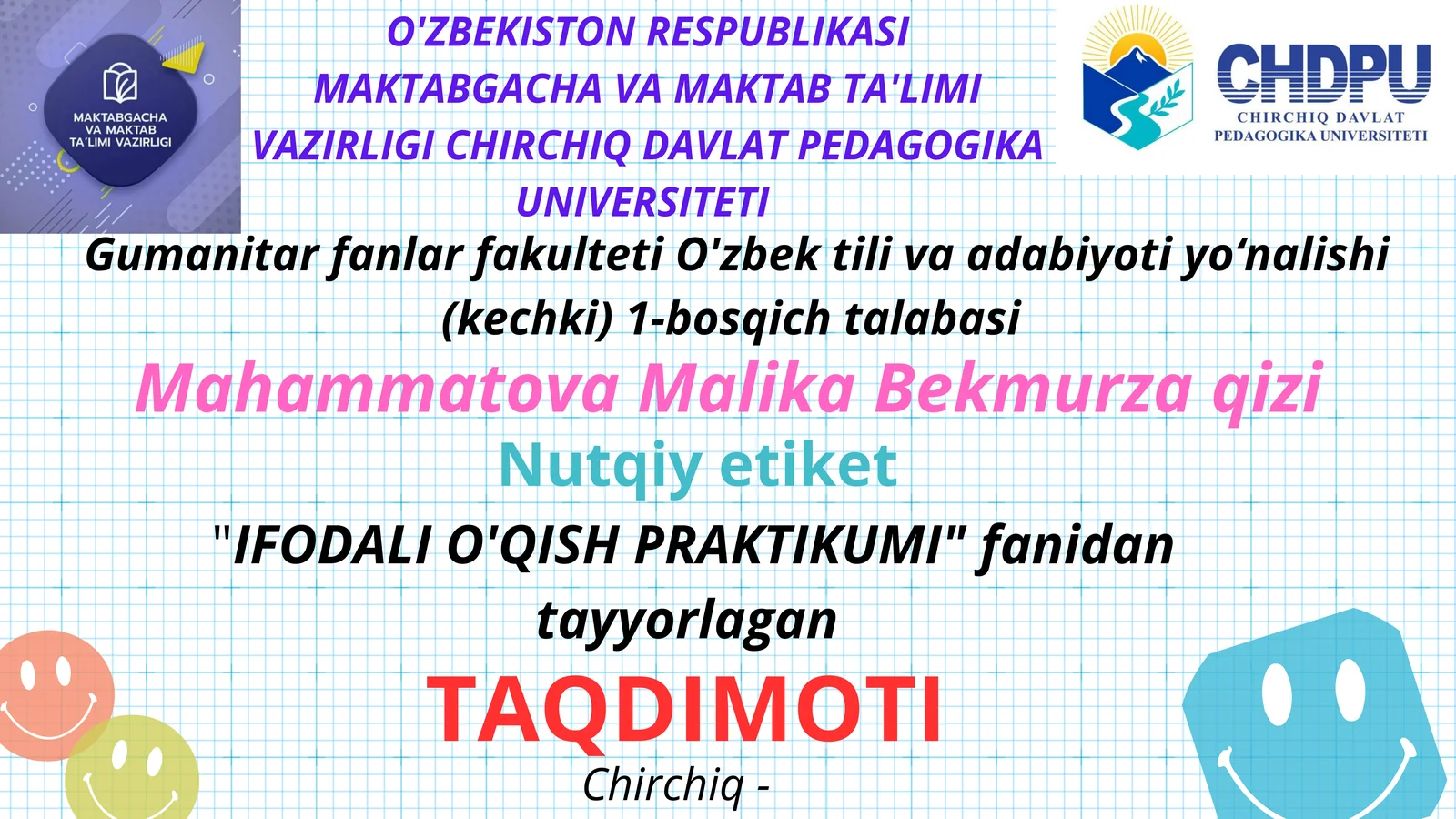 IFODALI O'QISH PRAKTIKUMI