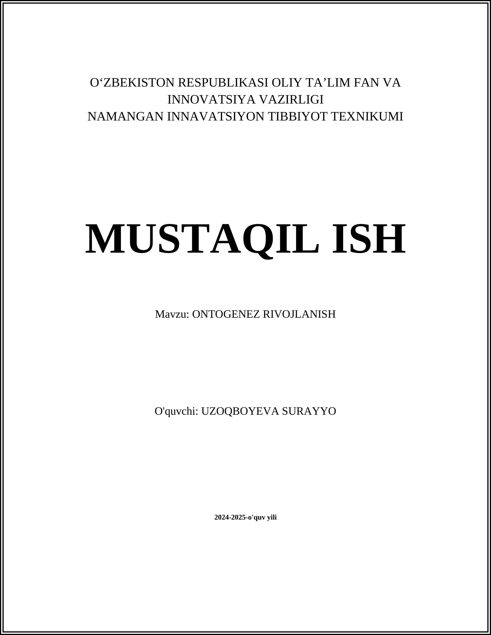 ONTOGENEZ RIVOJLANISH