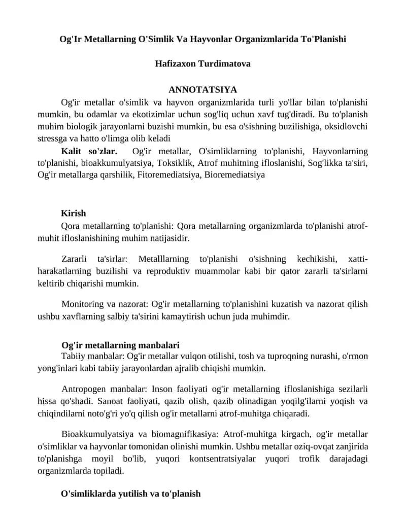 Og'Ir Metallarning O'Simlik Va Hayvonlar Organizmlarida To'Planishi