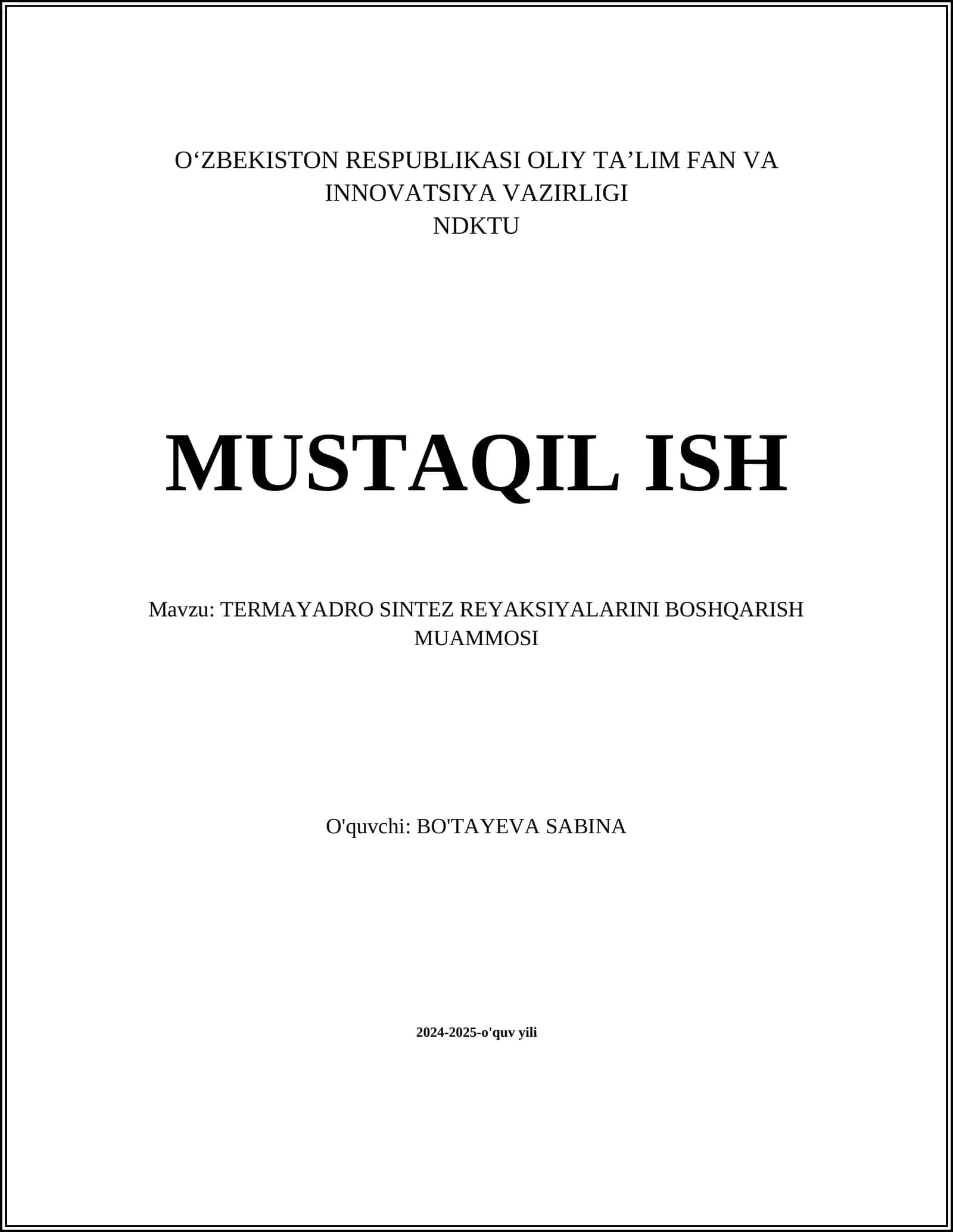 TERMAYADRO SINTEZ REAKSIYALARINI BOSHQARISH MUAMMOSI