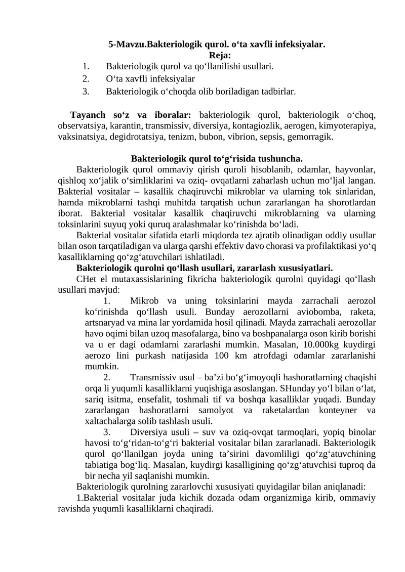 Bakteriologik qurol. о‘ta xavfli infeksiyalar