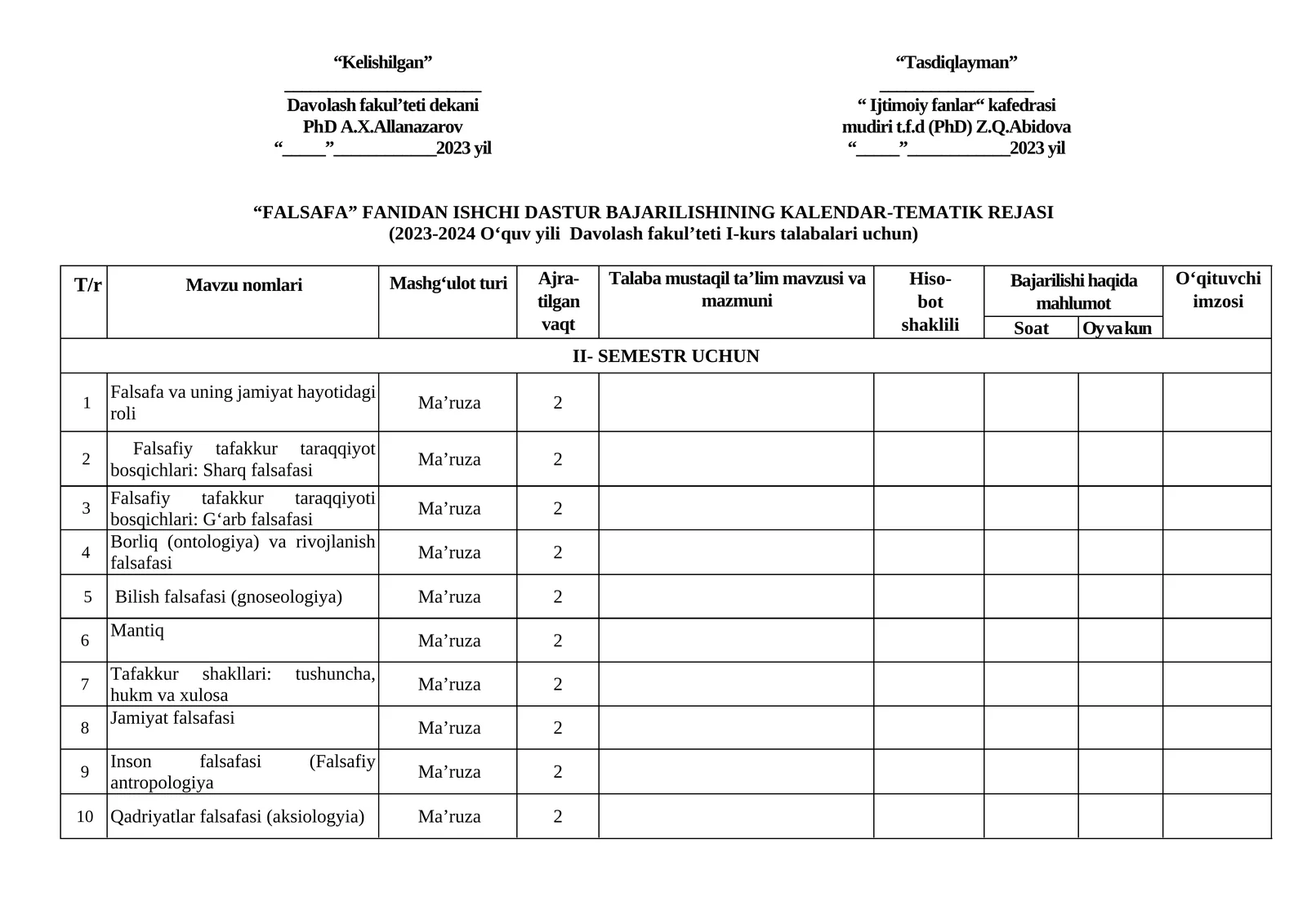 FALSAFA FANIDAN ISHCHI DASTUR BAJARILISHINING KALENDAR-TEMATIK REJASI