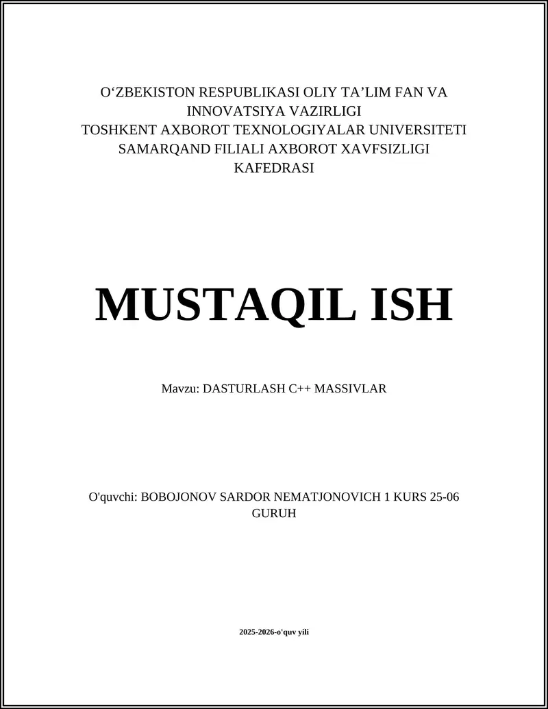 DASTURLASH C++ MASSIVLAR