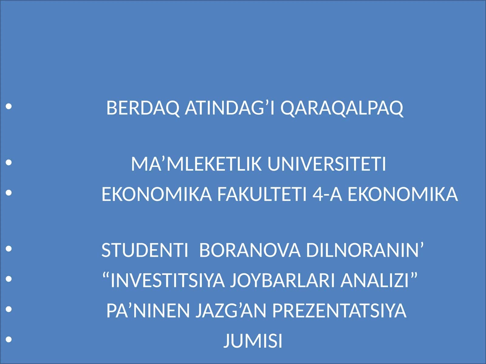 INVESTITSIYA JOYBARLARI ANALIZI