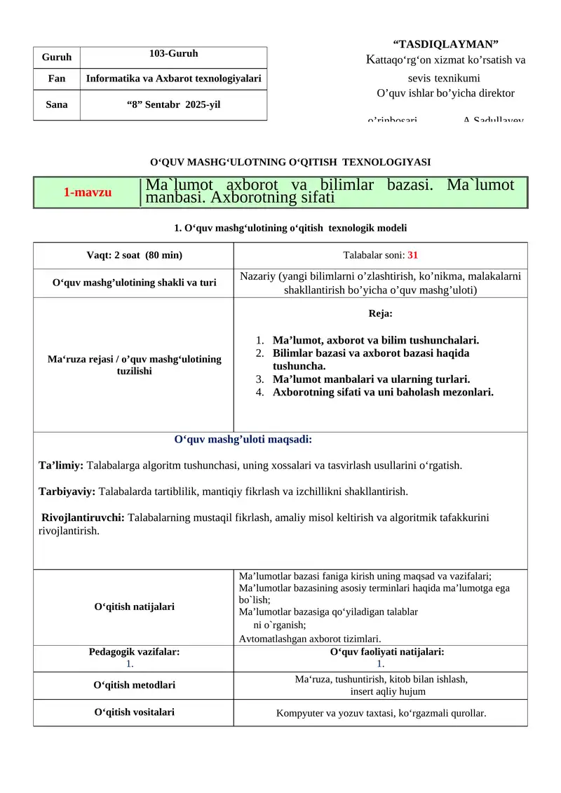 1-mavzu Ma`lumot axborot va bilimlar bazasi. Ma`lumot manbasi. Axborotning sifati