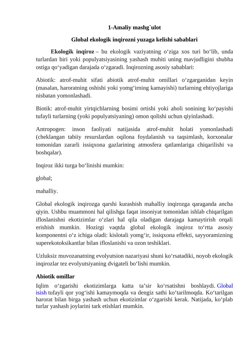 Global ekologik inqirozni yuzaga kelishi sabablari
