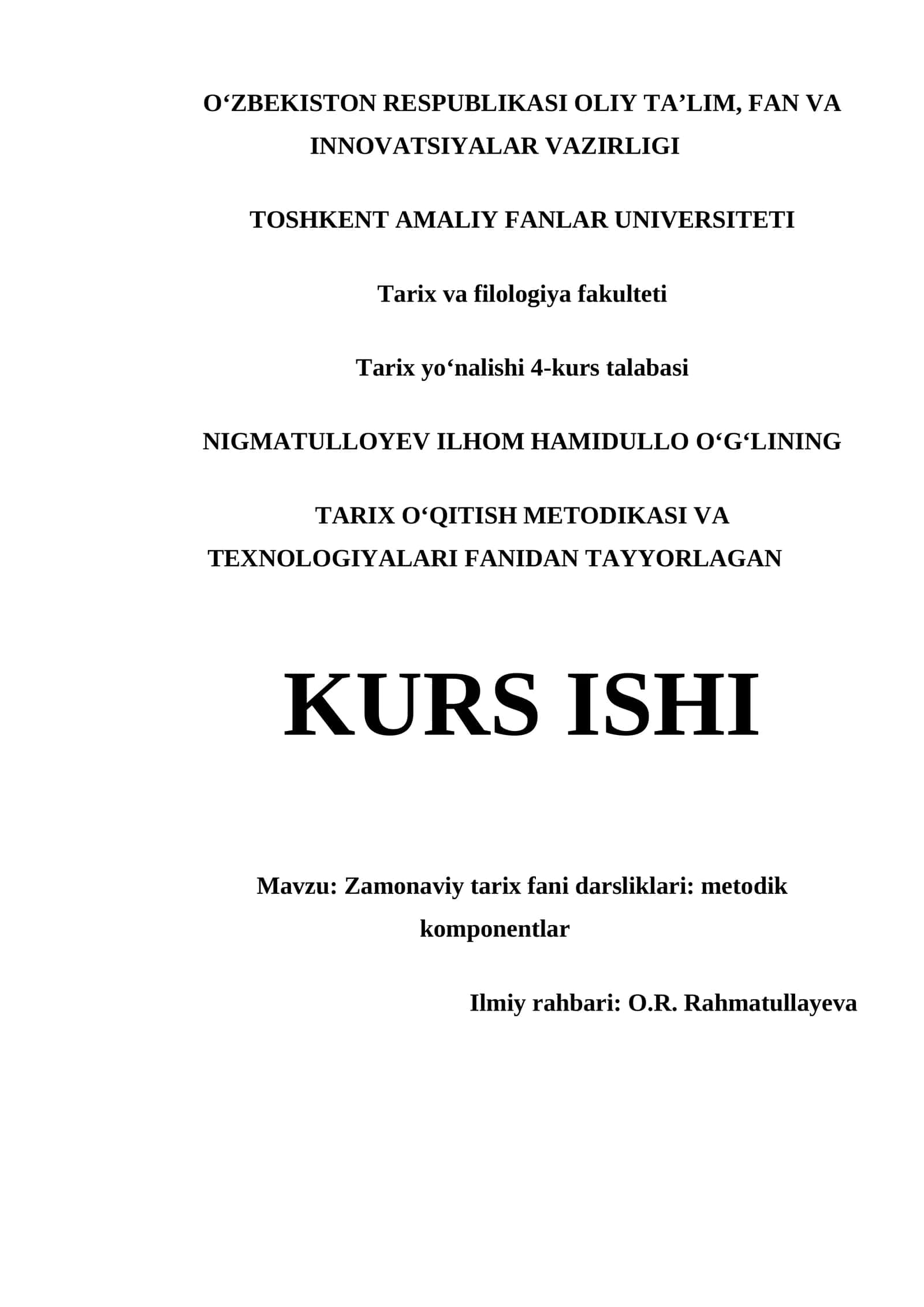 ZAMONAVIY TARIX FANI DARSLIKLARI: METODIK KOMPONENTLAR