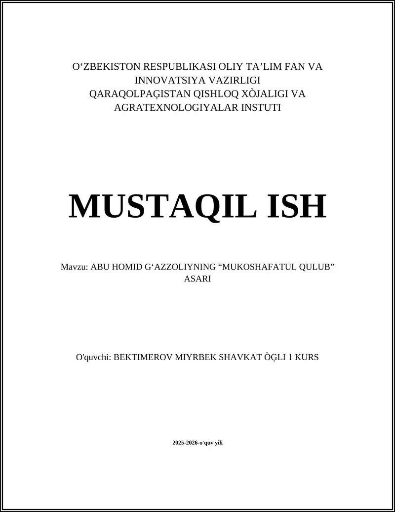 ABU HOMID GʻAZZOLIYNING “MUKOSHAFATUL QULUB” ASARI