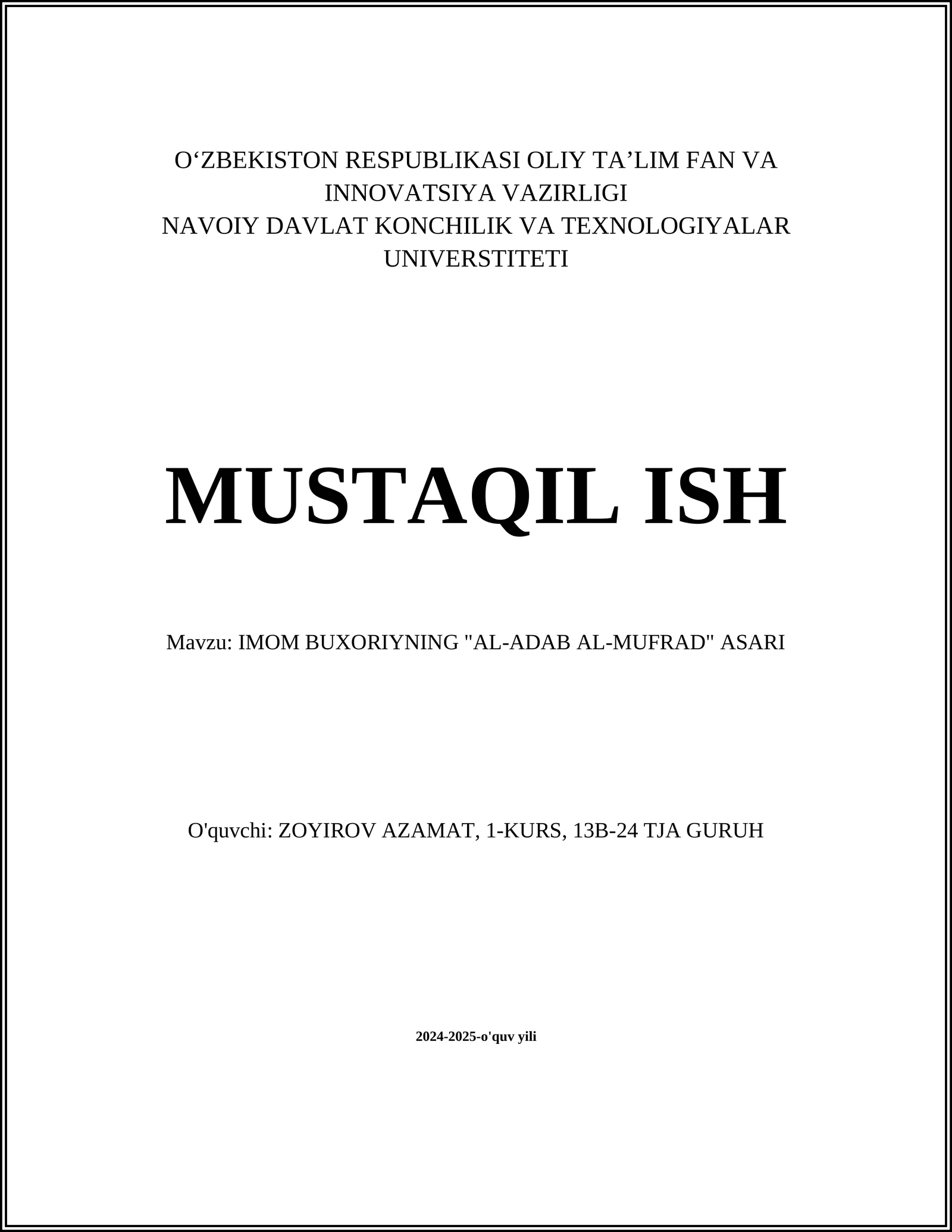 IMOM BUXORIYNING "AL-ADAB AL-MUFRAD" ASARI
