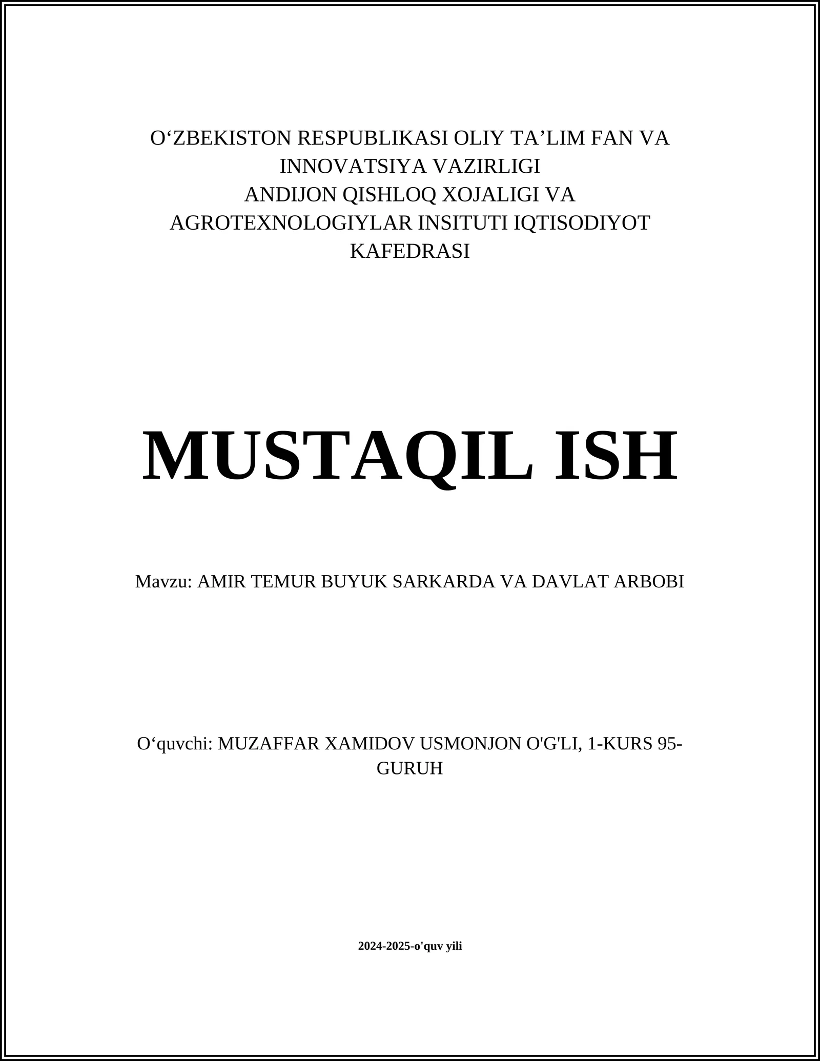 AMIR TEMUR BUYUK SARKARDA VA DAVLAT ARBOBI