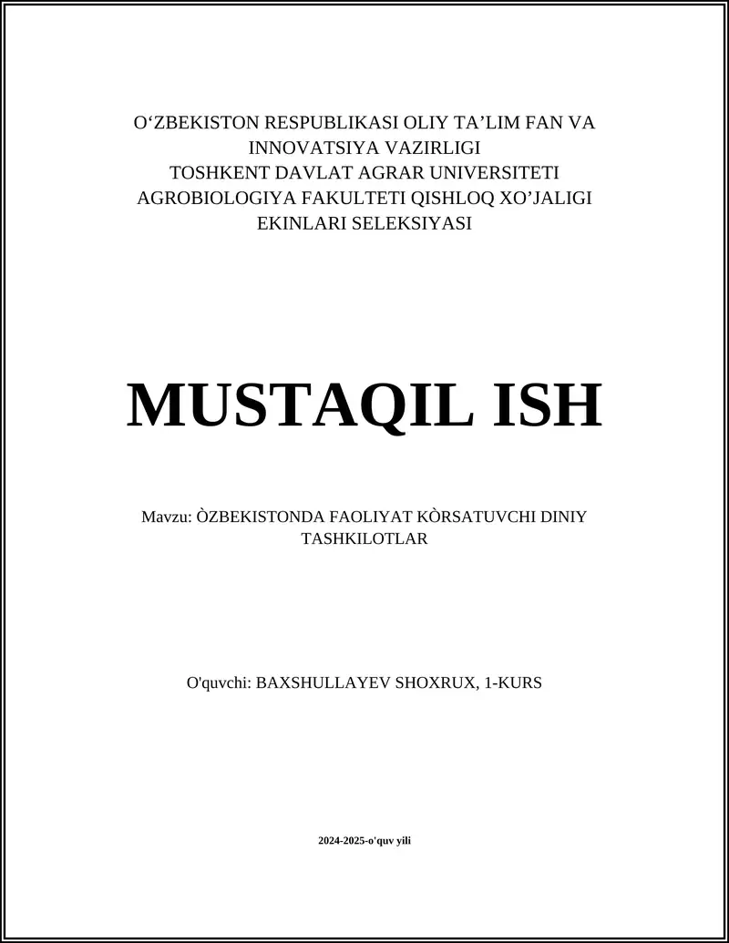ÒZBEKISTONDA FAOLIYAT KÒRSATUVCHI DINIY TASHKILOTLAR