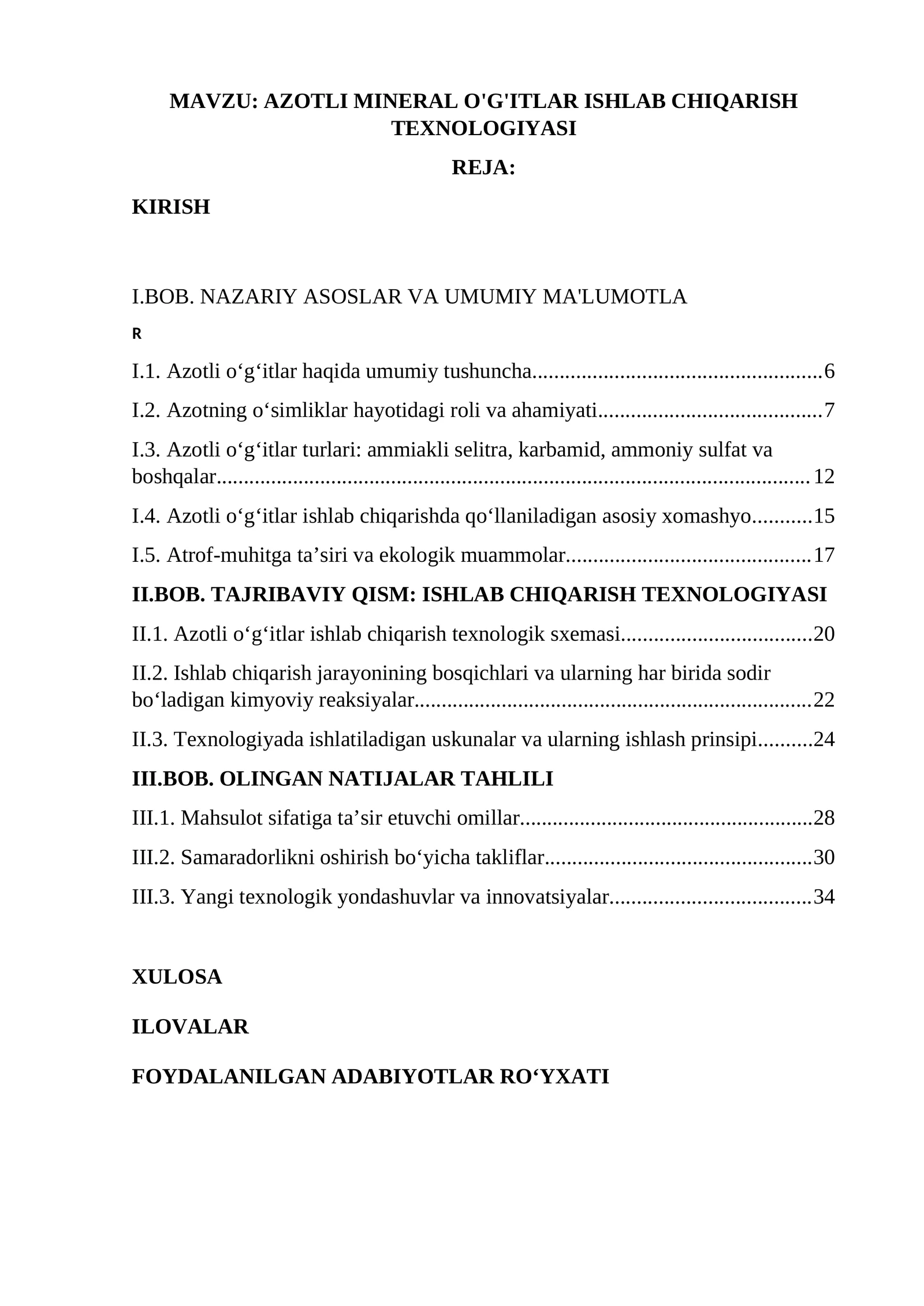 AZOTLI MINERAL O'G'ITLAR ISHLAB CHIQARISH TEXNOLOGIYASI