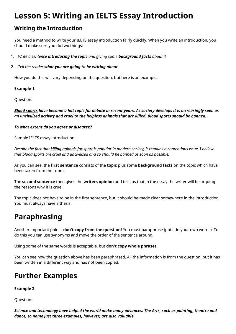 Lesson 5: Writing an IELTS Essay Introduction