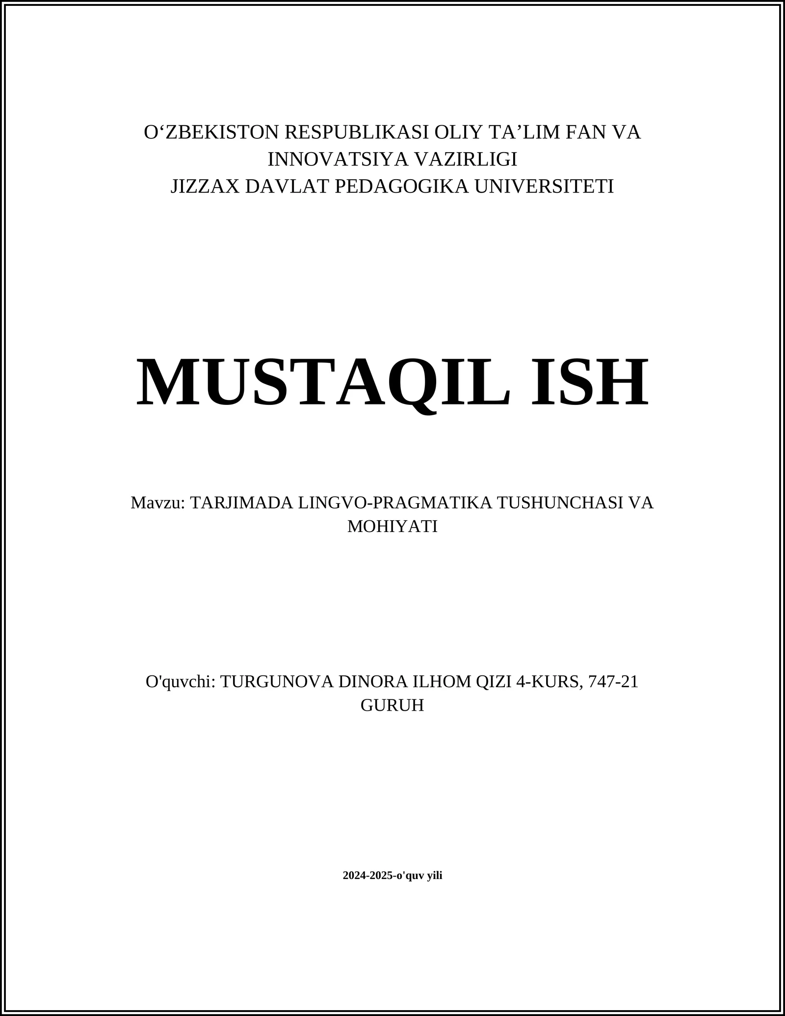 TARJIMADA LINGVO-PRAGMATIKA TUSHUNCHASI VA MOHIYATI