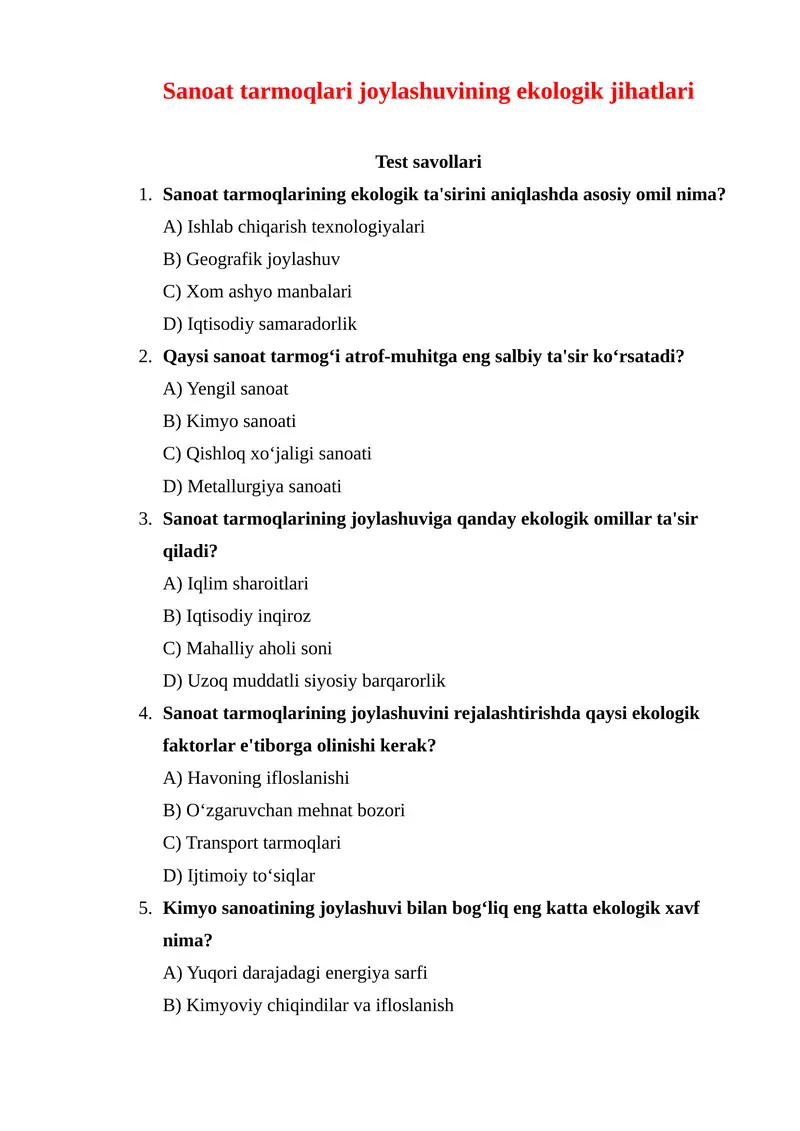 Sanoat tarmoqlari joylashuvining ekologik jihatlari