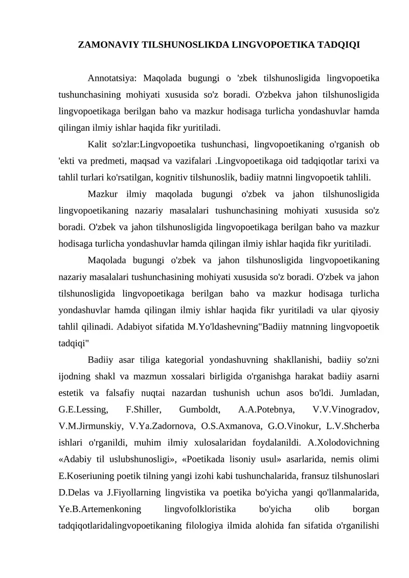 ZAMONAVIY TILSHUNOSLIKDA LINGVOPOETIKA TADQIQI