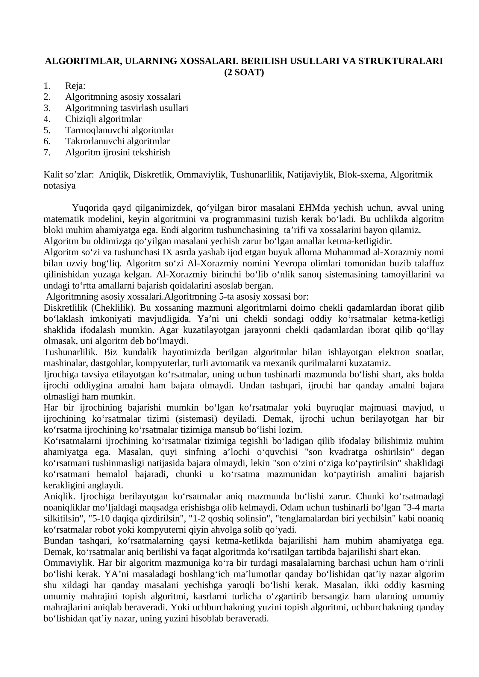 ALGORITMLАR, ULАRNING ХОSSАLАRI. BЕRILISH USULLАRI VА STRUKTURАLАRI (2 SOAT)
