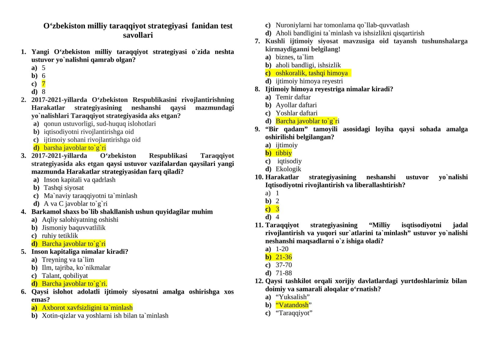 O‘zbekiston milliy taraqqiyot strategiyasi fanidan test savollari