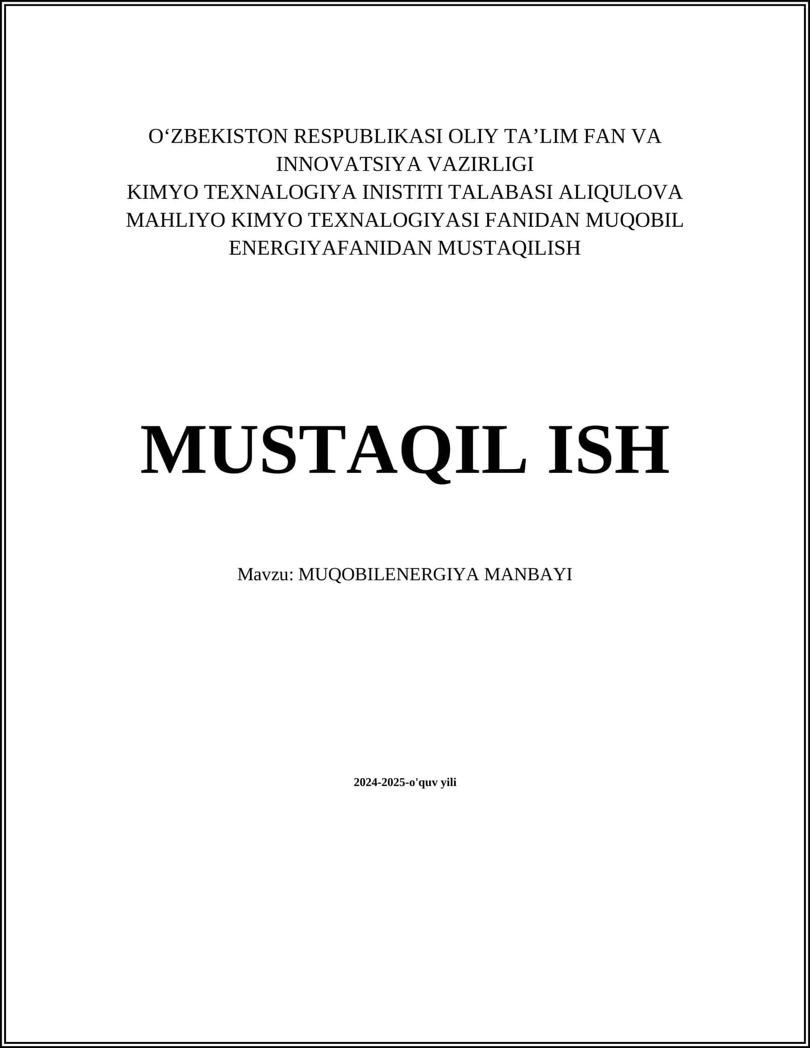 MUQOBIL ENERGIYAFANIDAN MUSTAQILISH