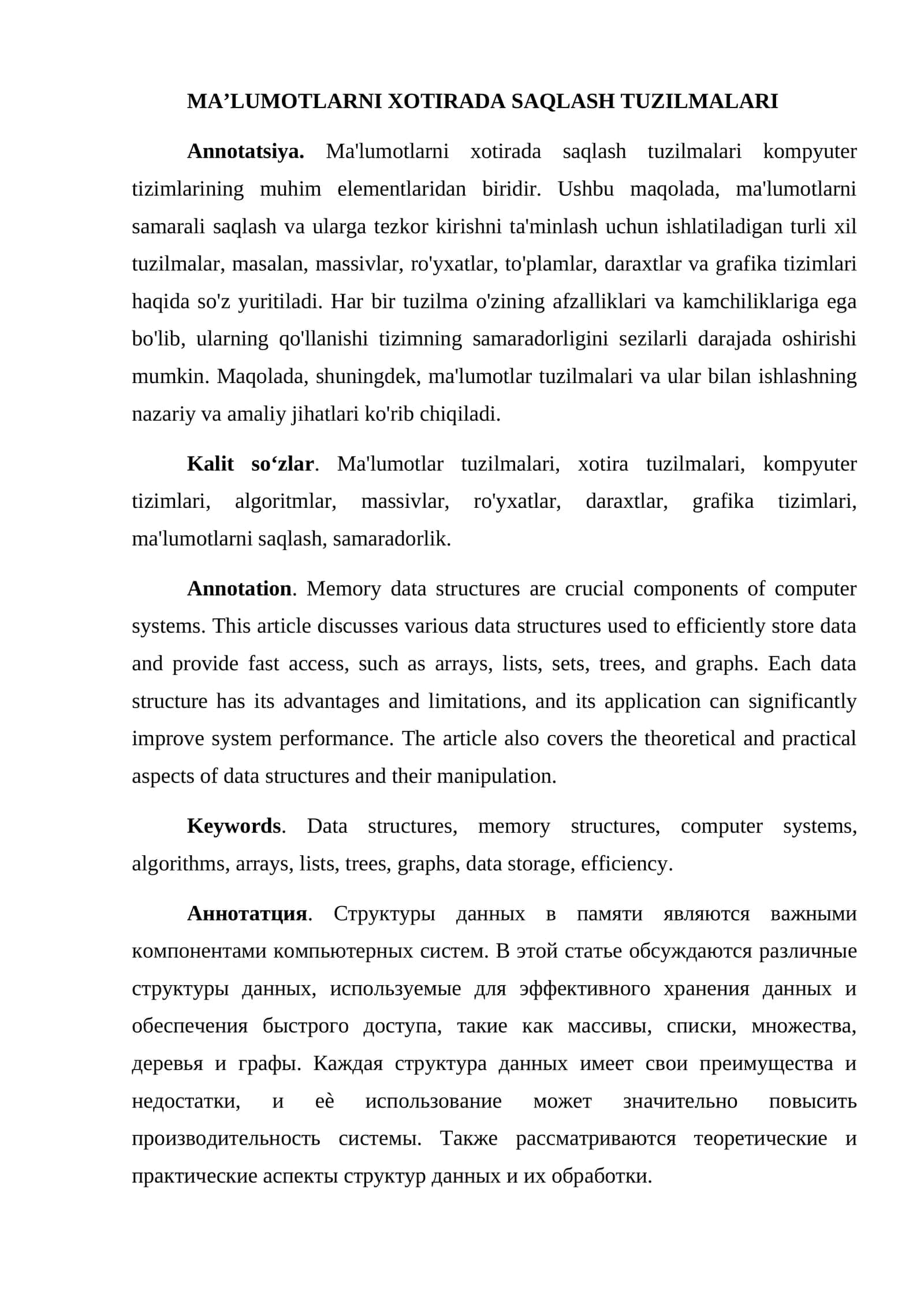 MA’LUMOTLARNI XOTIRADA SAQLASH TUZILMALARI