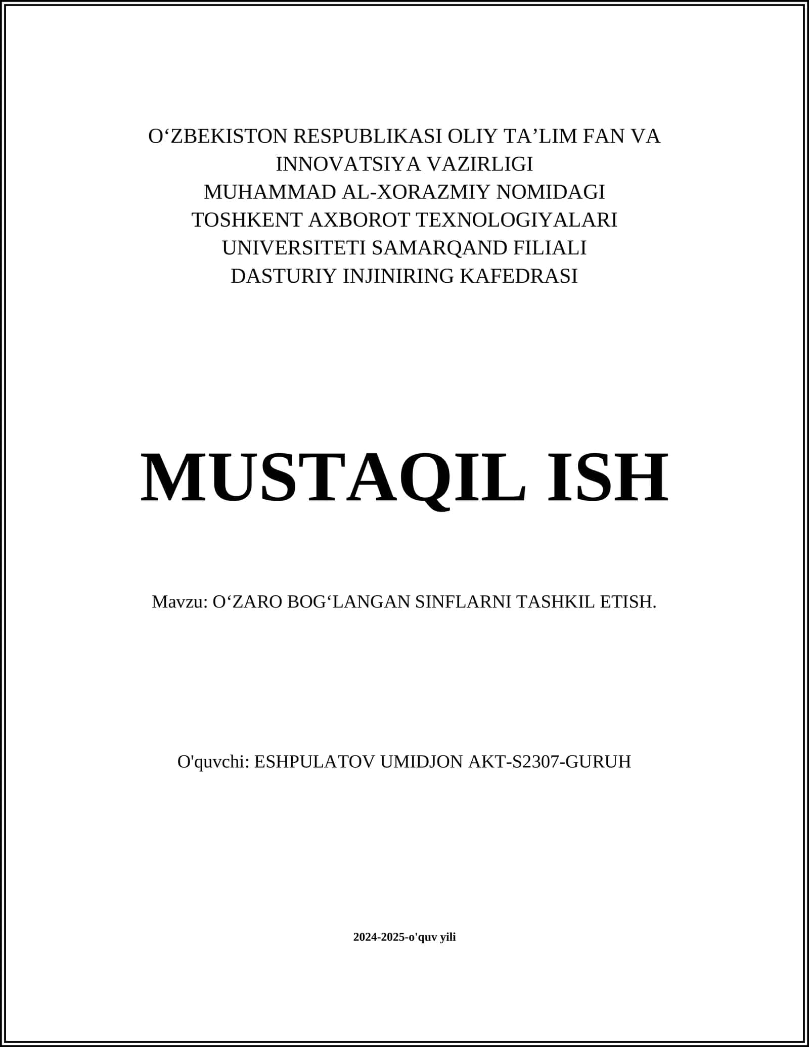 O‘ZARO BOG‘LANGAN SINFLARNI TASHKIL ETISH