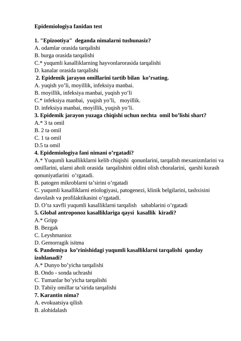 Epidemiologiya fanidan test