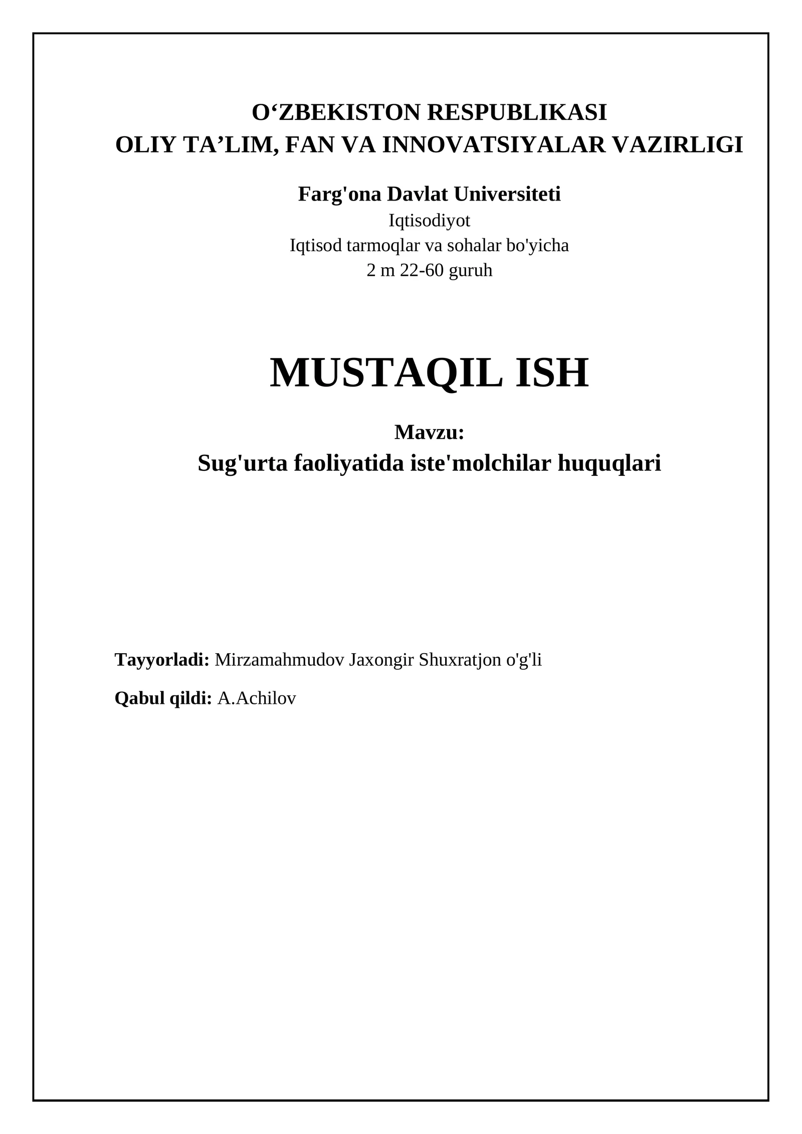 Sug'urta faoliyatida iste'molchilar huquqlari