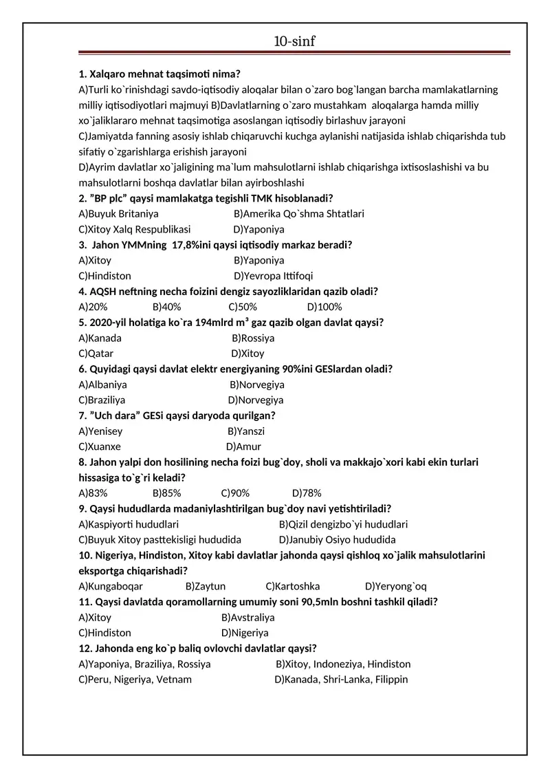 10-sinf yangi nashr etilgan geografiya darsligi asosida tuzilgan test