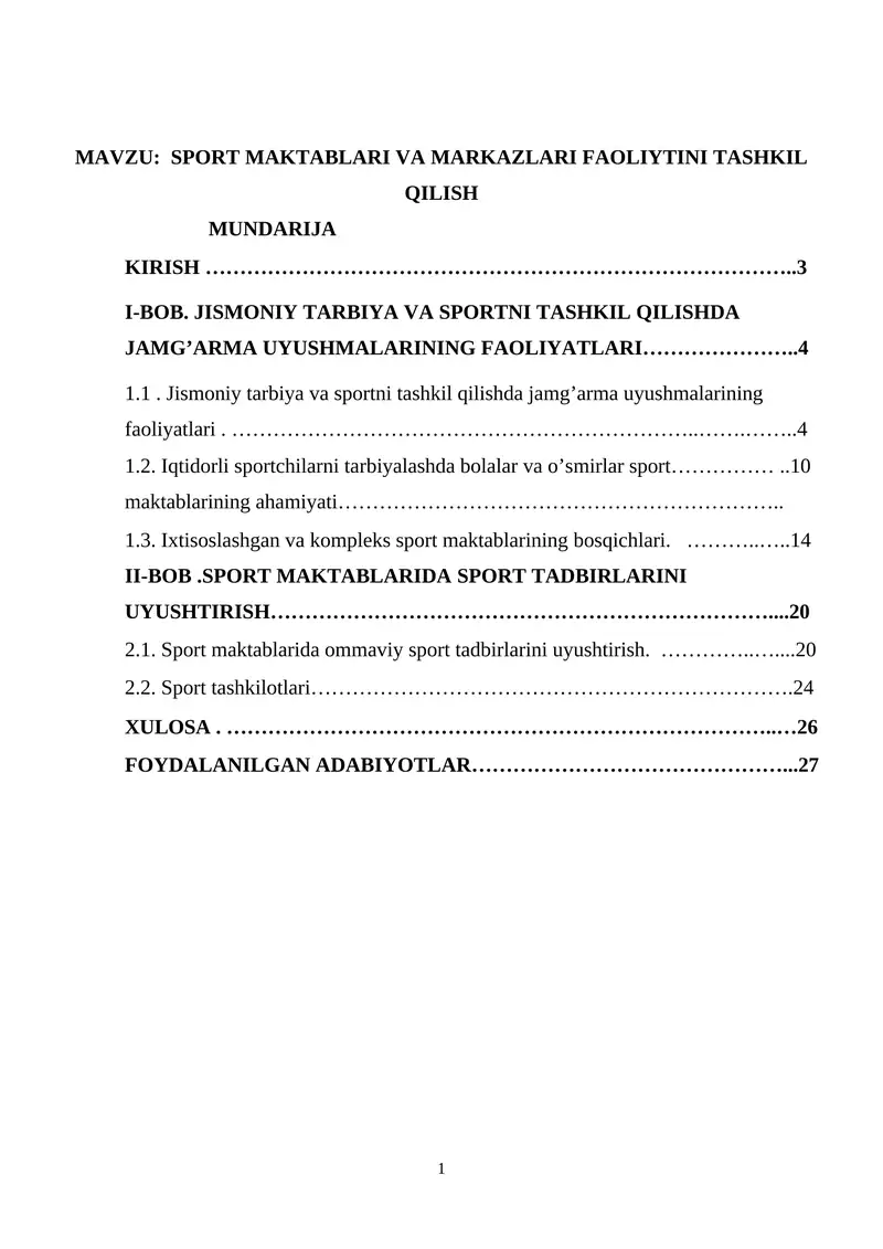 SPORT MAKTABLARI VA MARKAZLARI FAOLIYTINI TASHKIL QILISH