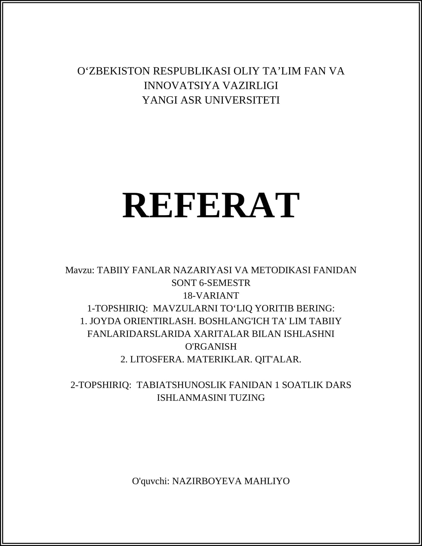 TABIIY FANLAR NAZARIYASI VA METODIKASI FANIDAN