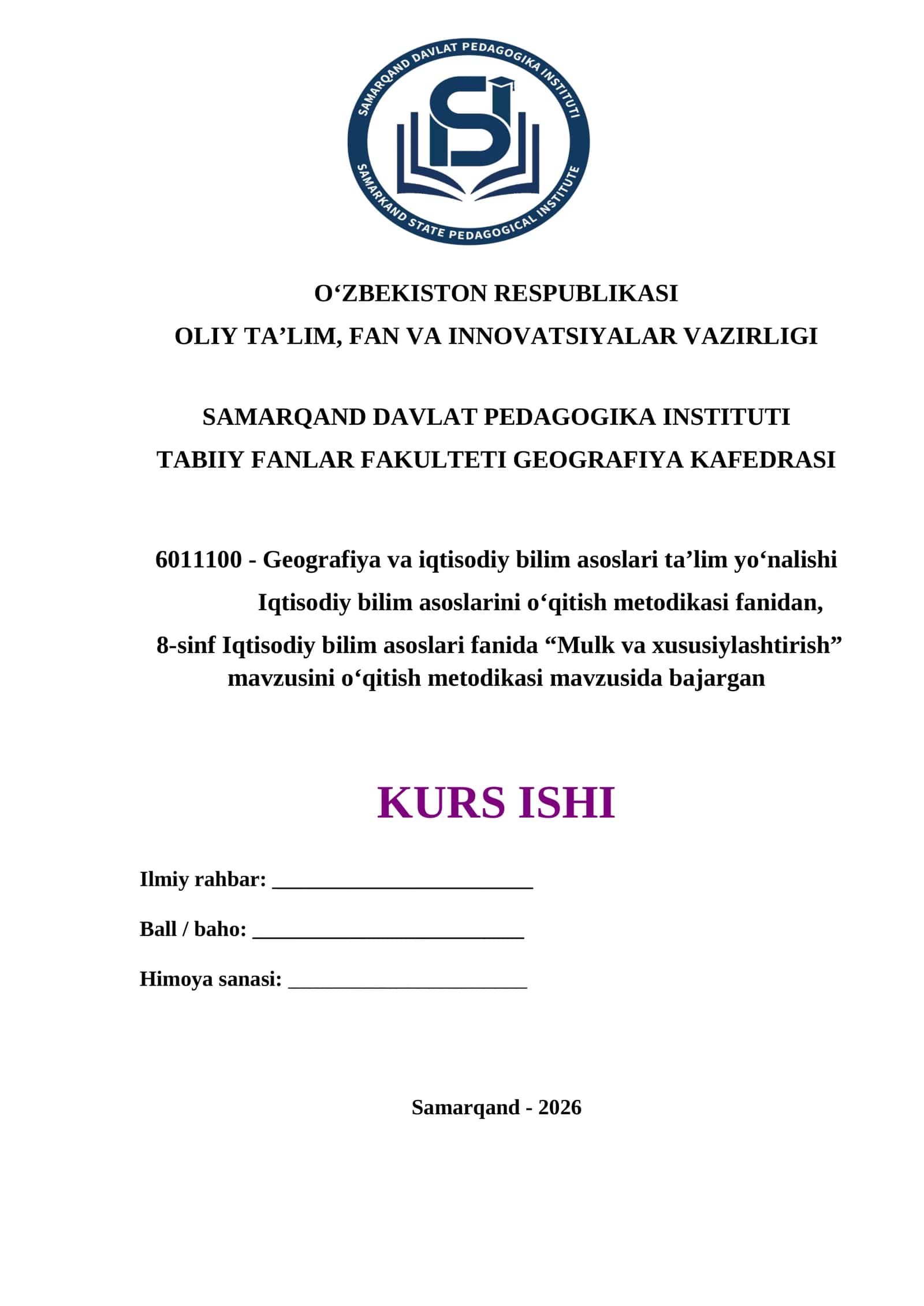 8-sinf Iqtisodiy bilim asoslari fanida “Mulk va xususiylashtirish” mavzusini o‘qitish metodikasi