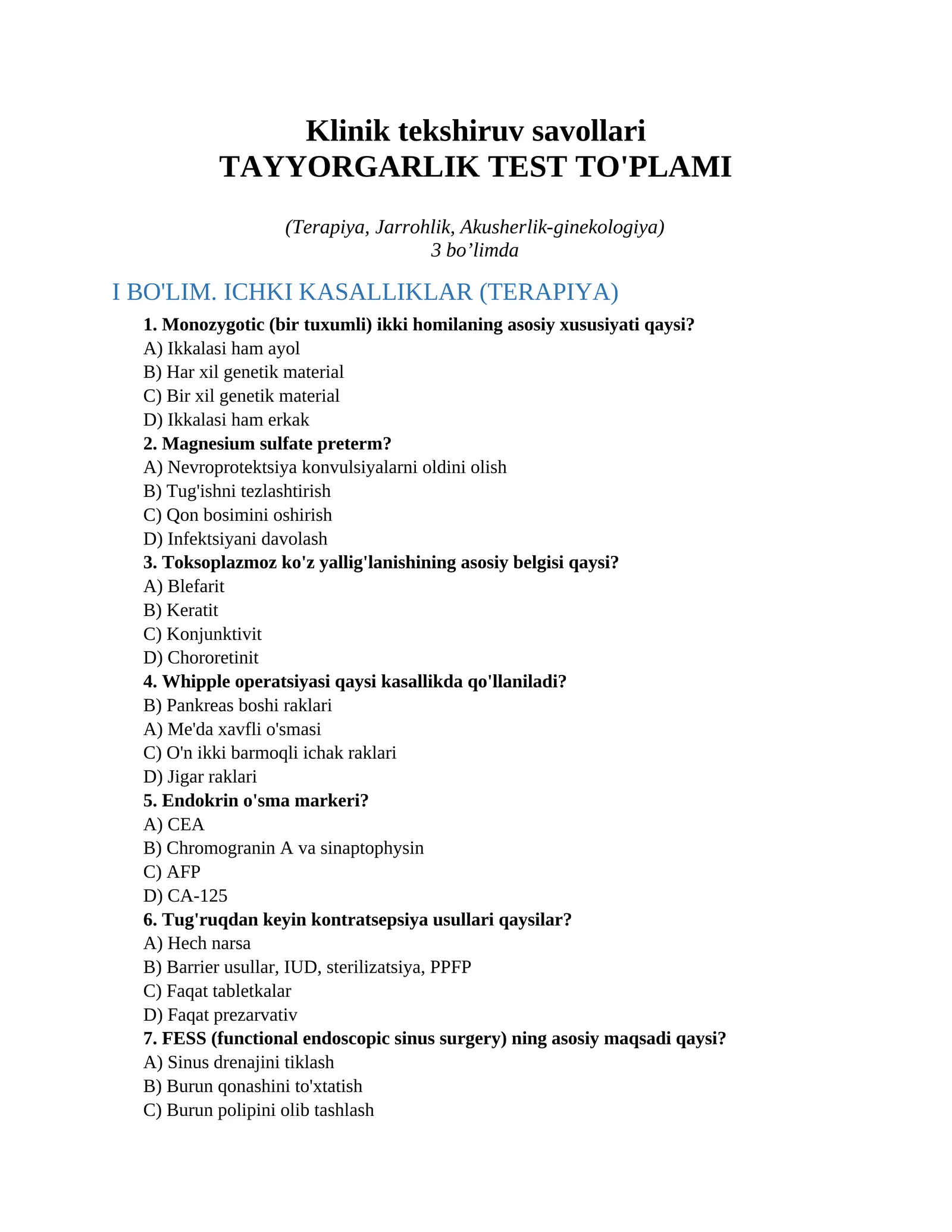 Klinik tekshiruv savollari