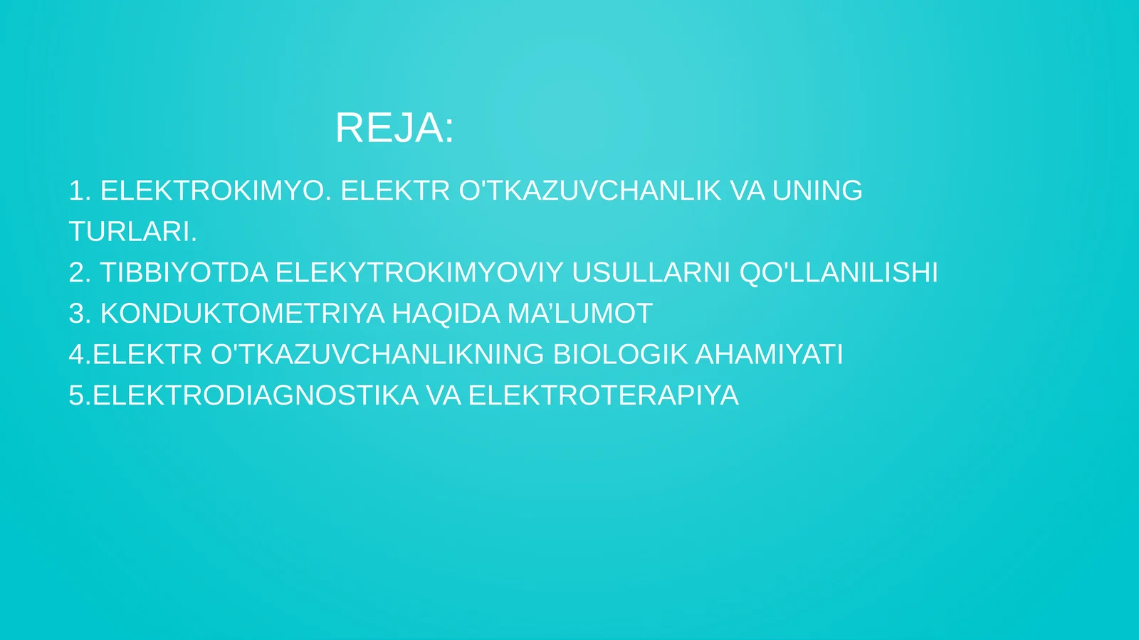 ELEKTROKIMYO. ELEKTR O’TQAZUVCHANLIK VA UNING TURLARI