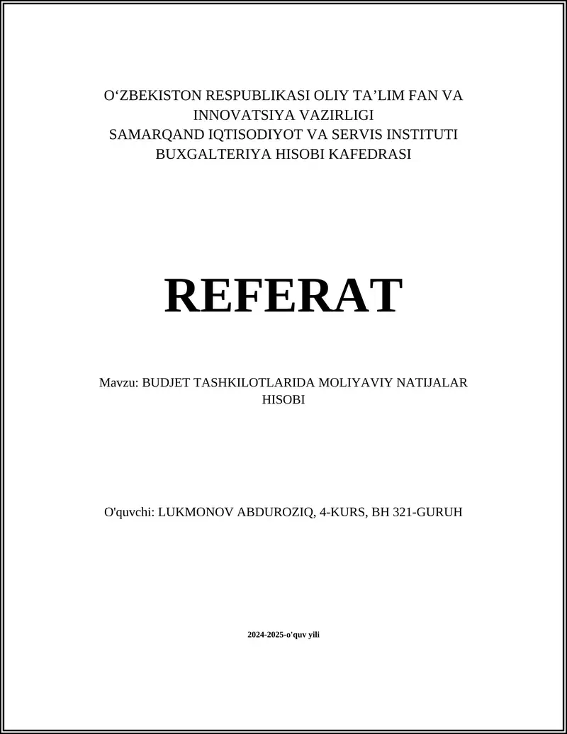 BUDJET TASHKILOTLARIDA MOLIYAVIY NATIJALAR HISOBI